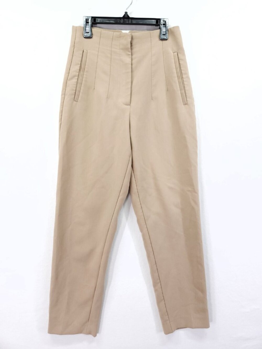 ZARA High Waisted Tailored Trousers Beige Tapared Leg Career Pants Small 25x27
